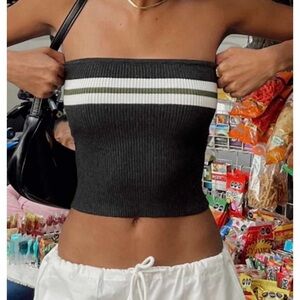 Ribbed Strapless Tube Top with Contrast Stripe - Black